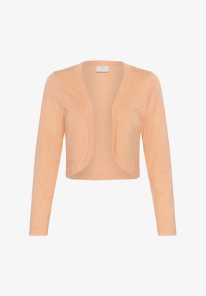 Cardigan court de couleur pêche en tissu tricot léger. Dispose de manches longues et d'un design ouvert à l'avant sans fermetures.
