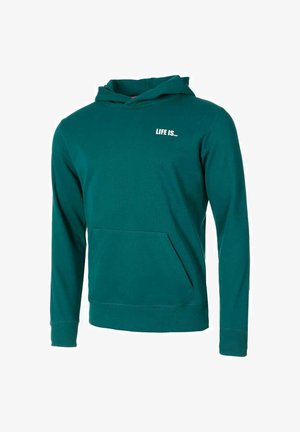 Felpa con cappuccio color teal con tasca frontale. Presenta una stampa con la scritta "LIFE IS..." in bianco. Realizzata in tessuto morbido con polsini a coste.