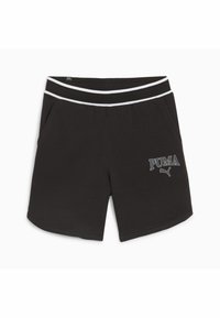 Shorts de algodón negros con una cintura elástica de doble raya blanca, con bolsillos laterales y el logotipo bordado de "PUMA" en el frontal.