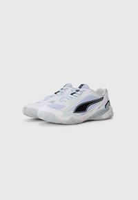 Pair of white and light gray athletic shoes with black logo and textured sole, shown from front side on white background.