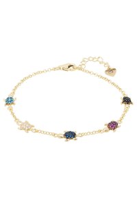 Gold chain bracelet with four turtle charms adorned with turquoise, blue, black, and purple stones. Features a lobster clasp and adjustable chain.