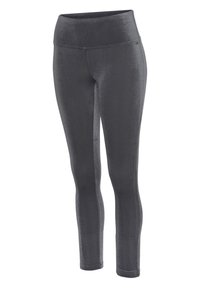 Gray athletic leggings with a high waistband, smooth texture, fitted design, and contouring seams for a streamlined appearance.