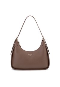 Borsa a spalla in pelle marrone con una silhouette curva, hardware dorato e superficie texture. Presenta una chiusura con zip e dettagli laterali.