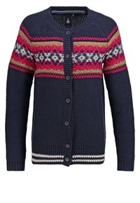 Cárdigan de punto azul marino con un canesú de patrón multicolor en rosa, gris y amarillo. Presenta una parte delantera abotonada y un dobladillo y puños acanalados con rayas.