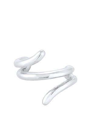 Glänzender silberner offener Ring mit einem glatten, geschwungenen Design mit zwei zugespitzten Enden, die sich in entgegengesetzte Richtungen biegen.