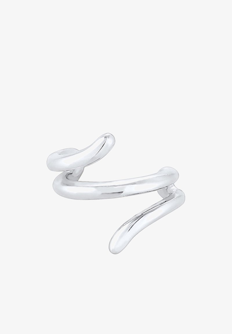 Bague ouverte en argent brillant avec un design lisse et courbe comportant deux extrémités effilées s’enroulant dans des directions opposées.