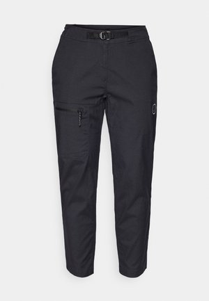 Black cargo pants featuring a belted waist, tapered legs, zippered pocket on the thigh, and a subtle logo on the side. Durable fabric texture.