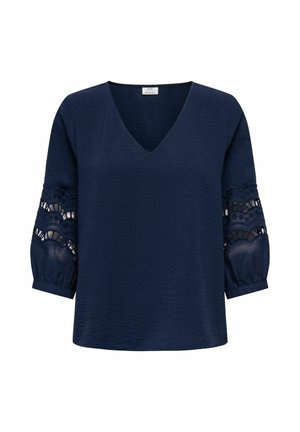 Marineblå V-halsbluse med trekvartlange ermer med blonder utskjæringsdetaljer og elastiske mansjetter.