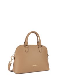 Borsa a mano in pelle marrone con texture, dotata di doppie maniglie arrotondate, tracolla removibile e accessori in ottone. Caratterizzata da dettaglio del logo impresso.