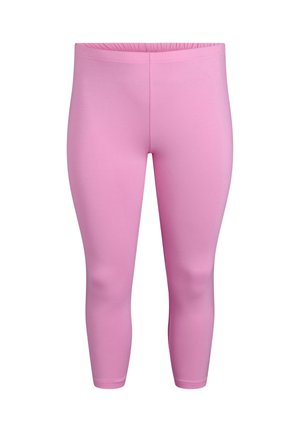 Leggings élastiques roses avec une coupe ajustée, texture lisse et longueur au mi-mollet. Équipés d'une taille élastique pour le confort.