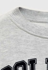 Felpa grigia con un colletto testurizzato a coste. Presenta un design stampato nero prominente. Tessuto morbido e casual in una forma classica.