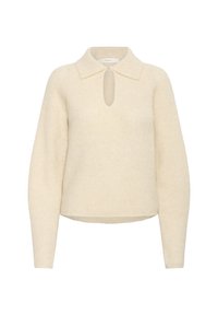 Krēmkrāsas adīta džemperis ar garām piedurknēm, platāku apkakli un mazu atslēgas caurumu zem dekoltē.