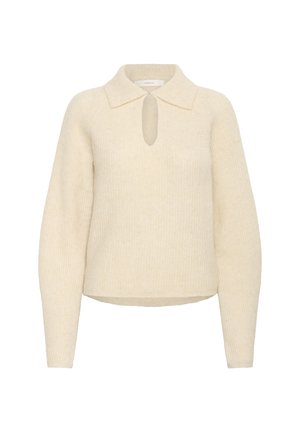 Krēmkrāsas adīta džemperis ar garām piedurknēm, platāku apkakli un mazu atslēgas caurumu zem dekoltē.