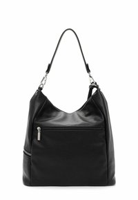 Black leather shoulder bag with a smooth texture, curved shape, single handle, and a front zippered pocket. Metallic accents visible.