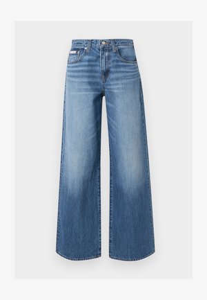 Blauwe wijde denim jeans met vooraan een knoop en rits, vijfzakkenmodel en subtiele vervaagde details op de dijen en knieën.