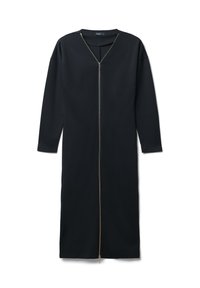 Schwarzes langes Kleid aus weicherm Stoff, mit V-Ausschnitt und einem goldenen Reißverschluss an der Vorderseite. Verfügt über zwei vordere Taschen.