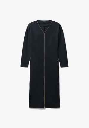 Schwarzes langes Kleid aus weicherm Stoff, mit V-Ausschnitt und einem goldenen Reißverschluss an der Vorderseite. Verfügt über zwei vordere Taschen.