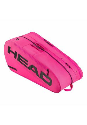 Bolsa de tenis HEAD de color rosa brillante con múltiples compartimentos con cremallera y un asa, diseñada para guardar raquetas y equipo deportivo.