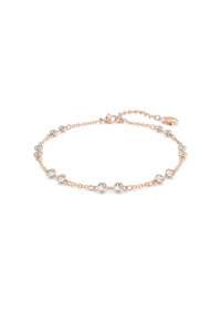 Delicado brazalete de oro rosa que presenta brillantes redondos espaciados uniformemente, con un cierre y cadena ajustable para un ajuste personalizado.