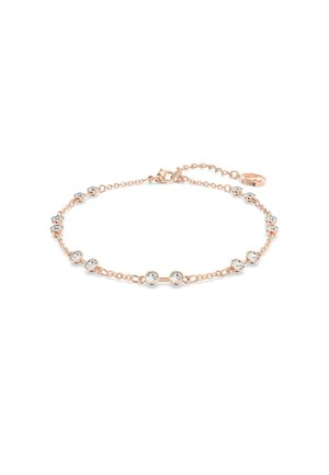 Bracelet délicat en or rose, orné de strass ronds espacés uniformément, avec un fermoir et une chaîne ajustable pour un ajustement personnalisé.