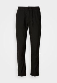 Pantalon noir droit avec ceinture élastique, fermeture par bouton et cordon à l'avant, présenté sur un fond blanc uni.