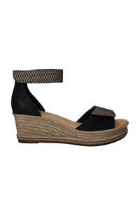 Zwarte wedge sandalen met een gevlochten enkelband, textuurmateriaal en een jute-achtige zool. De voetbed is uitgevoerd in een zachte tan kleur.