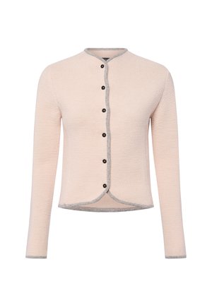 Helles rosa Strickjäckchen, strukturierter Strick, runder Halsausschnitt, grauer Besatz entlang der Kanten, sechs schwarze Knöpfe in der Mitte, lange Ärmel, cropped Länge.