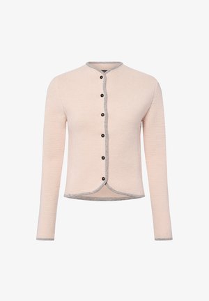Lichtroze cardigan, gebreid met textuur, ronde hals, grijze rand langs de randen, zes zwarte knopen in het midden, lange mouwen, cropped lengte.