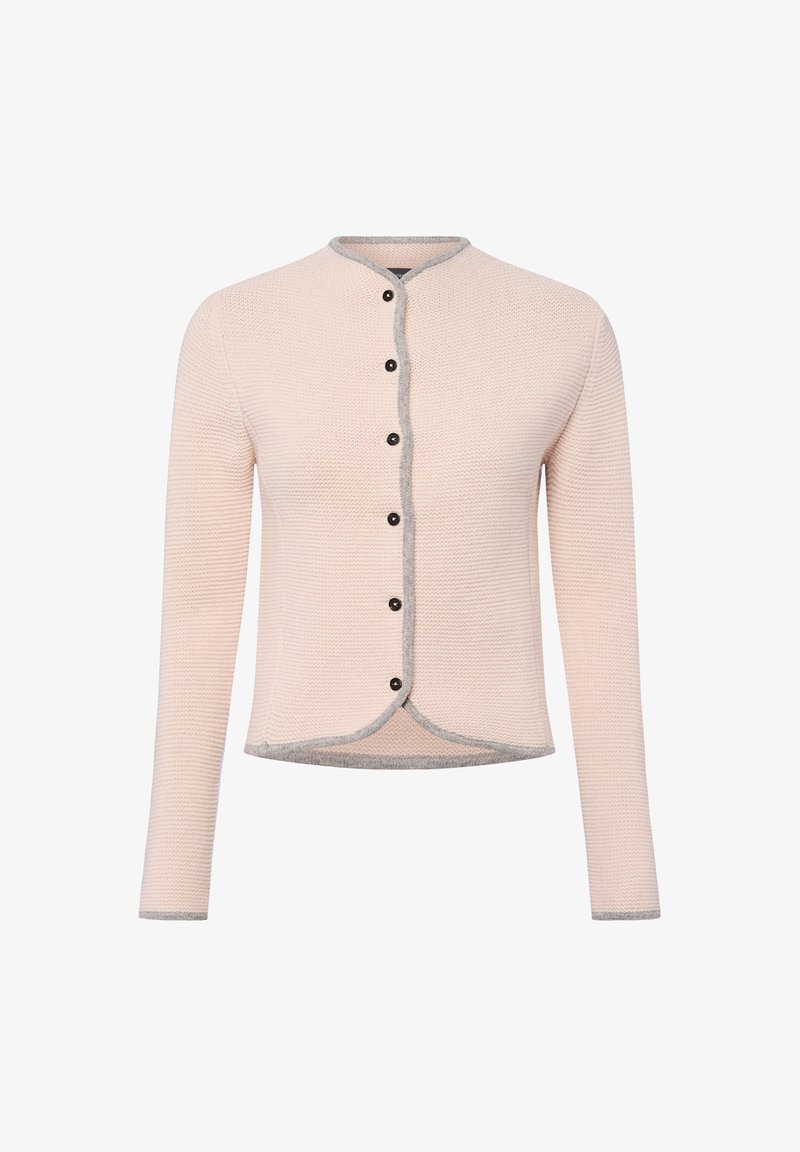 Cardigan rose clair, tricot texturé, col rond, bord gris sur les bords, six boutons noirs au centre, manches longues, coupe courte.