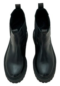 Schwarze Lederstiefeletten mit glatter Oberfläche, elastischen Seiteneinsätzen und runder Zehenpartie, ausgestattet mit einer dicken Gummisohle für starkes Profil.