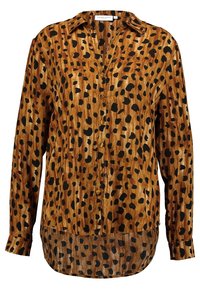 Camicia a maniche lunghe di colore marrone con un design a stampa leopardata. Presenta una chiusura con bottoni, colletto e un orlo leggermente curvo.