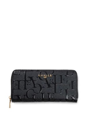 Cartera negra con cremallera alrededor, letras en relieve, tirador de cremallera en tono dorado y un pequeño logotipo de Gaëlle Paris en dorado.
