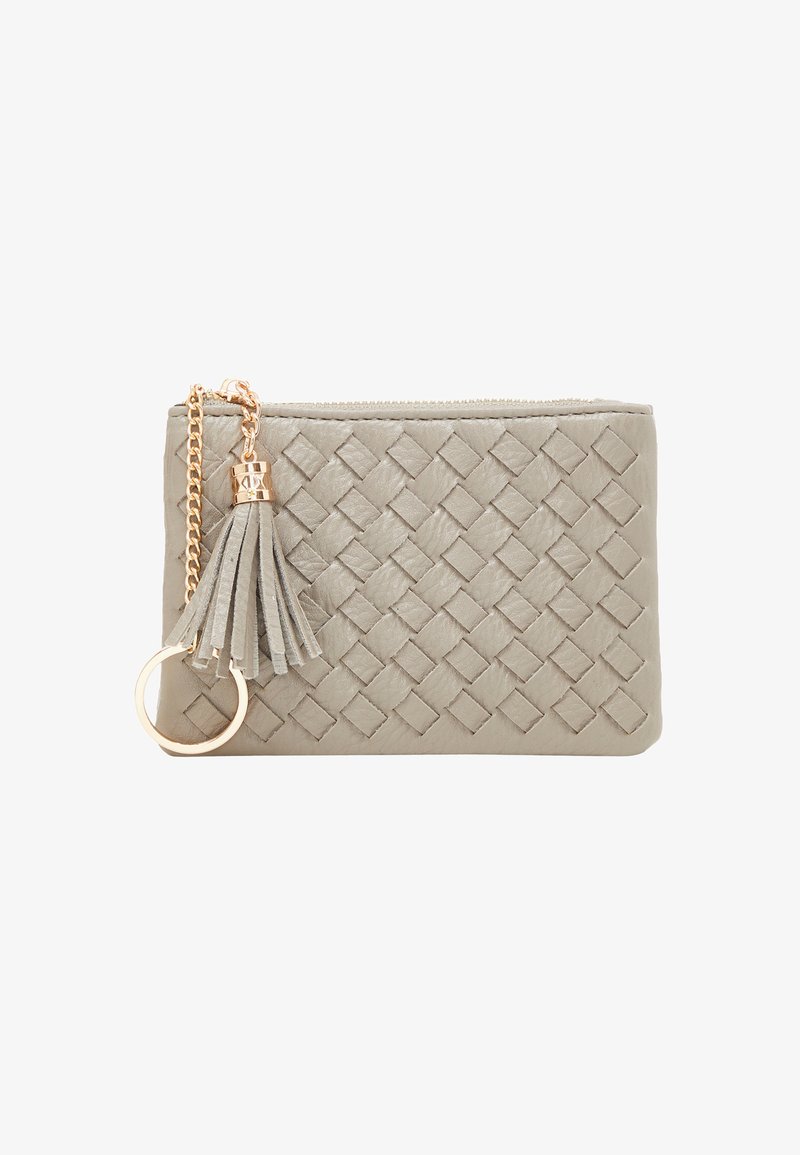 Gray woven leather pouch with zipper, featuring a tassel accent and gold-tone hardware. Includes a circular keyring attachment.