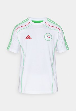 White short-sleeve jersey with green and red accents, round collar, Adidas logo on the left chest, and Algeria national team emblem.