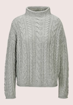 Light gray cable-knit wool sweater with a high folded collar and long sleeves, featuring thick braided patterns.