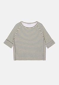 Gestreiftes Kurzarm-Oberteil in Creme und Schwarz mit Rundhalsausschnitt und Raglanärmeln. Weicher Stoff mit einem klassischen horizontalen Streifenmuster.