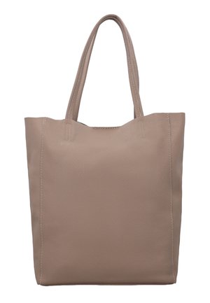 Beige Ledertasche mit doppelten Henkeln und sichtbaren Nähten, auf weißem Hintergrund dargestellt.