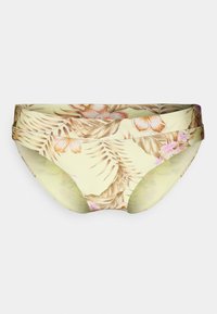 Parte de baixo de bikini floral em amarelo com detalhes verdes, apresentando uma estampa tropical de folhas e flores. Tecido elástico com uma textura suave.
