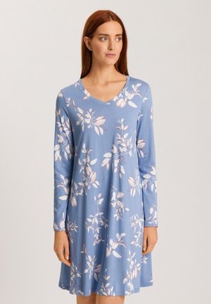 Long-sleeve dress in light blue, featuring a V-neck, floral patterns in white and pink, crafted from soft, lightweight fabric.