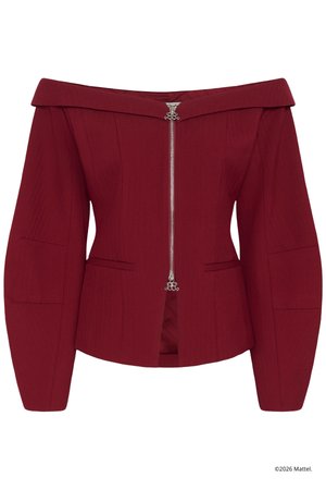 Μπορντό σακάκι με ανοιχτούς ώμους και μακριά μανίκια, με ασημί φερμουάρ μπροστά και εφαρμοστή μέση, διακοσμημένο με διακριτικές ραφές και καλοσχηματισμένα μανίκια.