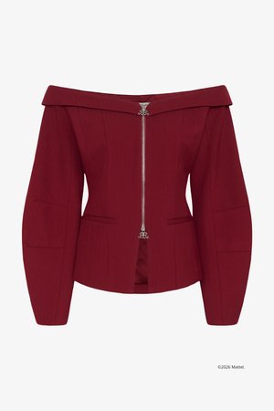 Μπορντό σακάκι με ανοιχτούς ώμους και μακριά μανίκια, με ασημί φερμουάρ μπροστά και εφαρμοστή μέση, διακοσμημένο με διακριτικές ραφές και καλοσχηματισμένα μανίκια.