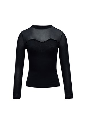 Crna duga majica s uskim rukavima s prozirnim gornjim dijelom prsa i rukavima, ukrašena valovitom linijom crnih perlica preko prsa.