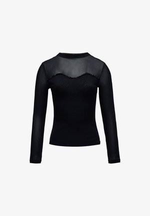Haut noir à manches longues et ajusté avec une partie supérieure en tissu transparent sur la poitrine et les manches, décoré d'une ligne ondulée de perles noires traversant la poitrine.