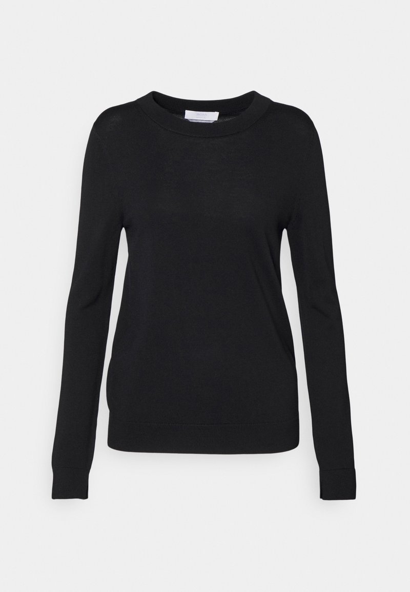 Svart tröja gjord av ett mjukt, texturerat material. Har rund hals och långa ärmar med åtsittande muddar. Inga synliga mönster eller detaljer.