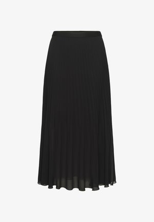 Black pleated midi skirt made of lightweight fabric. Features a smooth waistband and a flowing silhouette that reaches mid-calf.