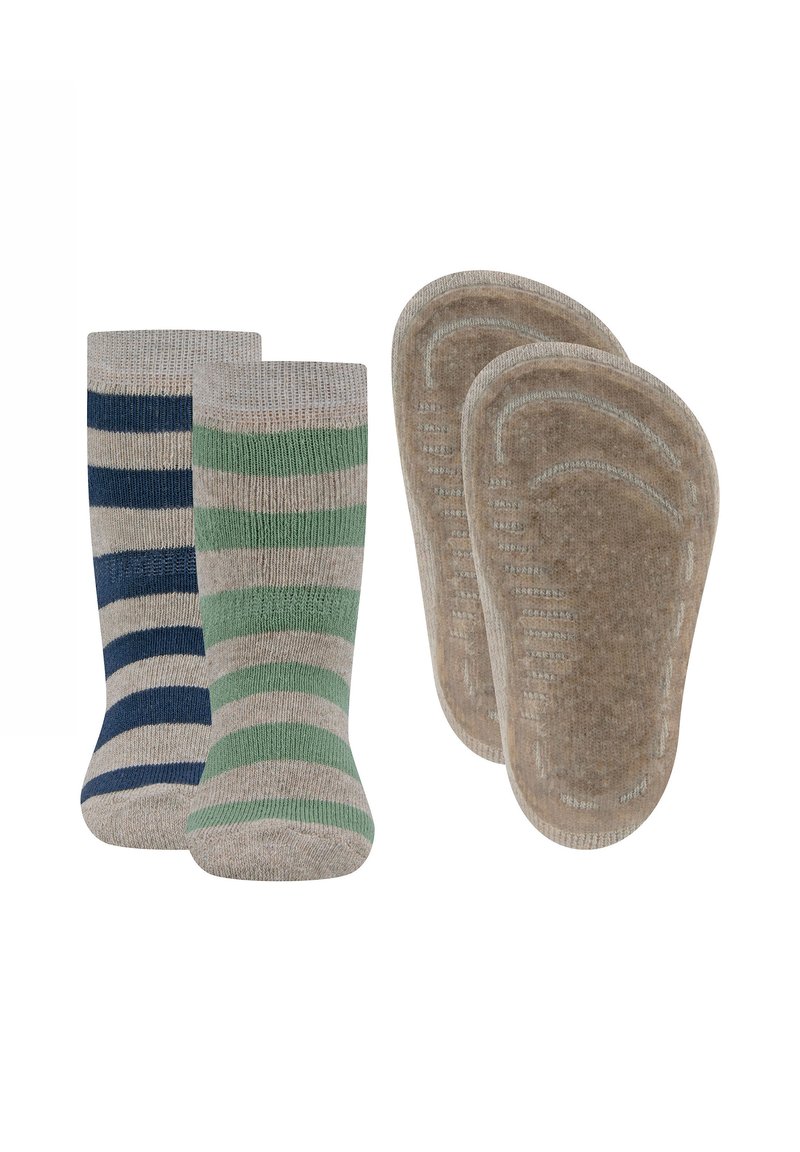 Chaussettes rayées bleues et vertes avec des accents beiges, associées à des semelles intérieures beiges dotées de motifs de prise texturés.