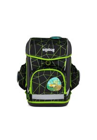 Black backpack with a geometric green pattern, reflective accents, and a side pocket. Features a front pocket with a colorful car illustration.