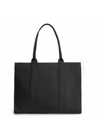 Zwarte leren tote bag met dubbele handvatten, rechthoekige vorm, gestructureerd oppervlak en subtiele stiksels aan de voorkant.