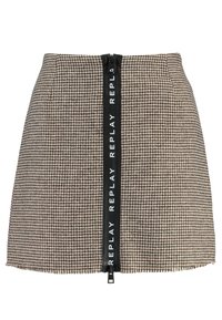 Brun houndstooth-mönstrad mini kjol i texturerat tyg, med en fram zip och "REPLAY"-logotyp samt en rå nederkant.