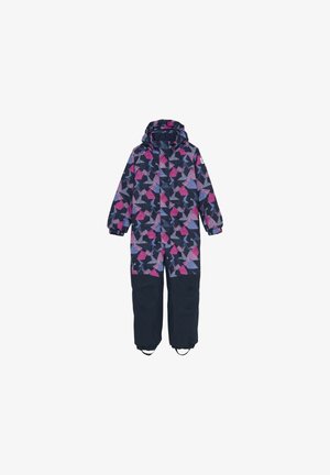 Børnesnowsuit med et flerfarvet geometrisk mønster i nuancer af pink og lilla på en marineblå baggrund; inkluderer hætte og elastiske manchetter.